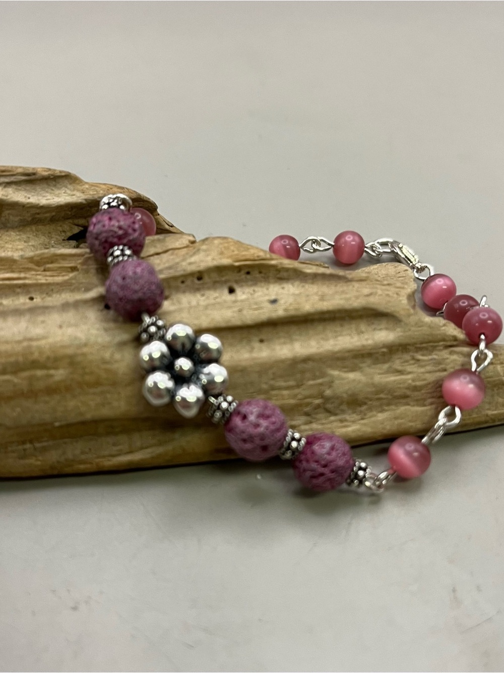 Handmade Sterling Silver Pink Cat’s Eye Lava Rock Bracelet | Boho Aromatherapy